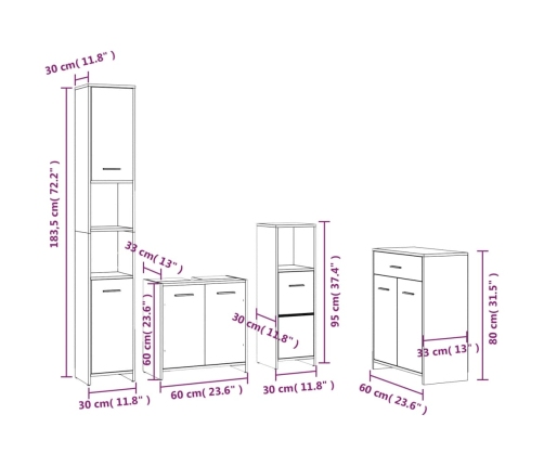 Set de muebles baño 4 pzas madera contrachapada roble marrón