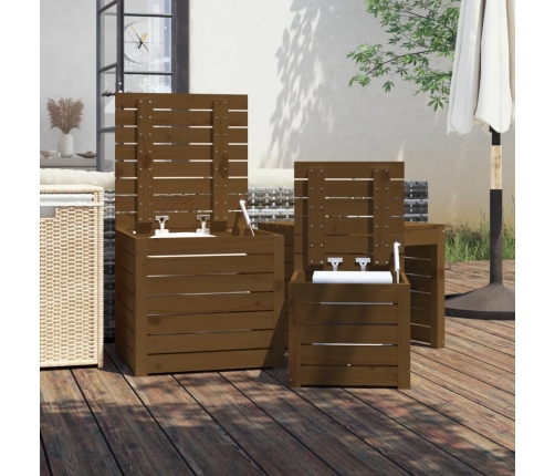 Set cajas de jardín 3 pzas madera maciza pino gris marrón miel