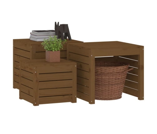 Set cajas de jardín 3 pzas madera maciza pino gris marrón miel