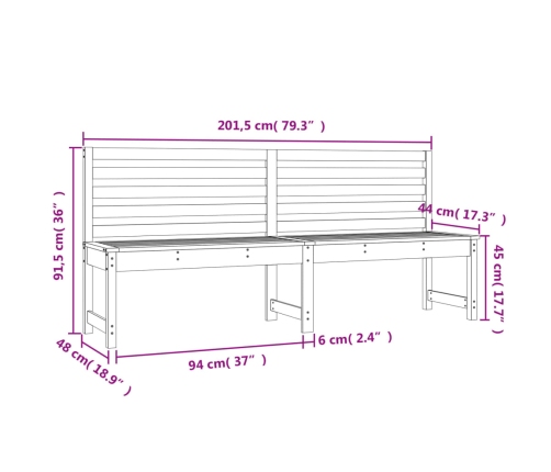 Banco de jardín madera maciza pino blanco 201,5 cm