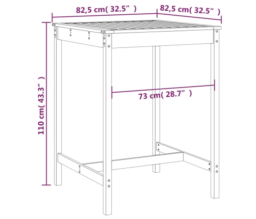 vidaXL Mesa de jardín madera maciza de pino 82,5x82,5x110 cm