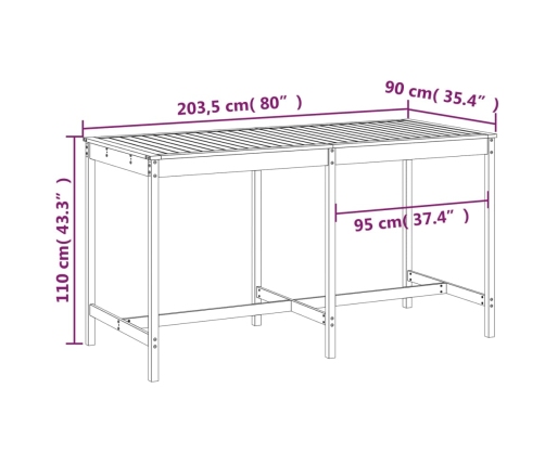 Mesa de jardín madera maciza de pino 203,5x90x110 cm