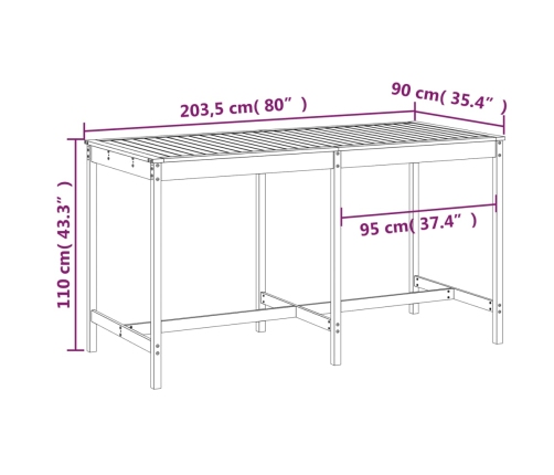 Mesa de jardín madera maciza de pino blanca 203,5x90x110 cm