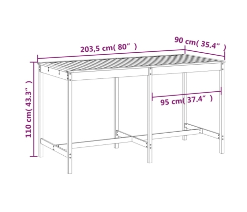 Mesa de jardín madera maciza de abeto Douglas 203,5x90x110 cm