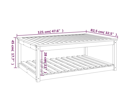 Mesa de jardín madera maciza pino 121x82,5x45 cm