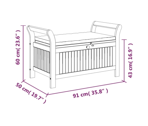 vidaXL Banco almacenaje jardín con cojín madera maciza de acacia 91 cm