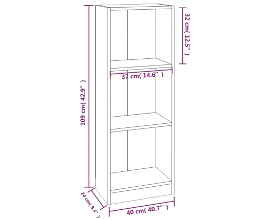 Estantería de 3 niveles contrachapada marrón roble 40x24x109 cm