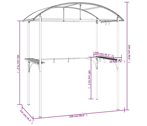 Cenador barbacoa estante lateral acero antracita 220x115x230 cm