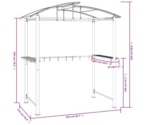 Cenador barbacoa estante lateral acero antracita 210x114x230 cm