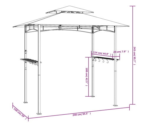 Cenador barbacoa estante lateral acero antracita 240x150x243 cm