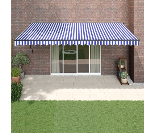 Toldo retráctil aluminio y tela azul y blanco 5x3 m