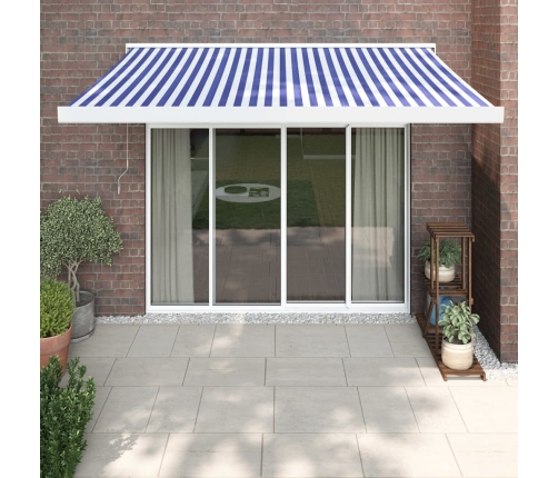 Toldo retráctil aluminio y tela azul y blanco 3x2,5 m