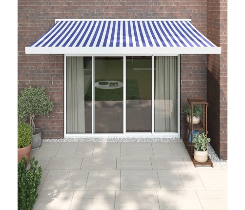 Toldo retráctil aluminio y tela azul y blanco 3,5x2,5 m