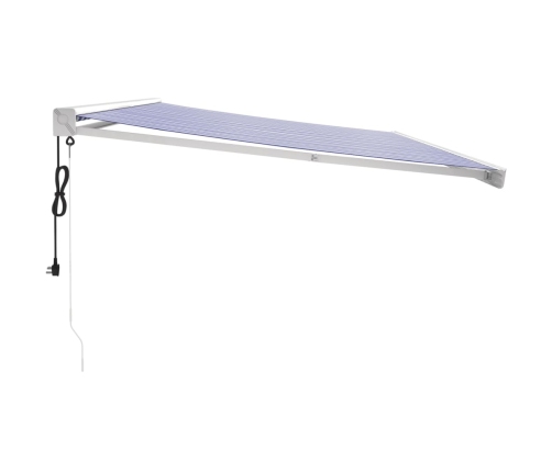 Toldo retráctil aluminio y tela azul y blanco 5x3 m