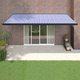 Toldo retráctil aluminio y tela azul y blanco 5x3 m