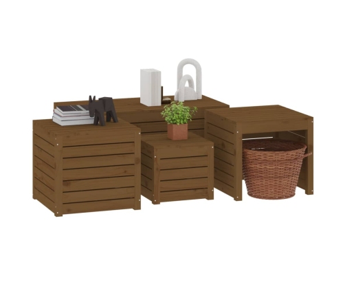 Juego cajas de jardín 4 pzs madera maciza pino gris marrón miel