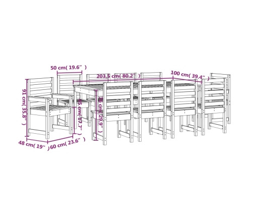 Juego de comedor de jardín 11 piezas madera maciza de pino