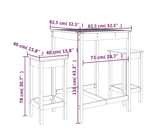 Set de mesa y taburetes altos 3 piezas madera maciza de pino