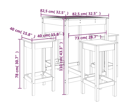 Set de mesa y taburetes altos jardín 5 pzas madera pino blanco