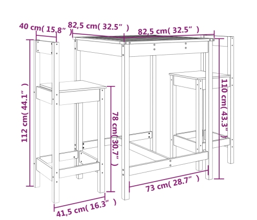 Set de mesa y taburetes altos jardín 3 pzas madera pino negro