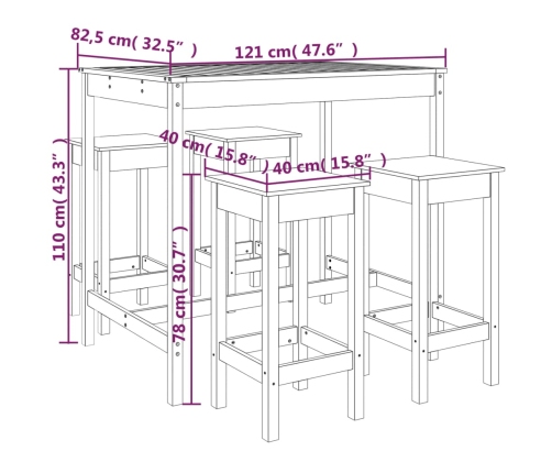 Set de mesa y taburetes altos jardín 5 pzas madera pino blanco