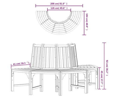 Banco de árbol semicircular madera maciza eucalipto Ø208 cm