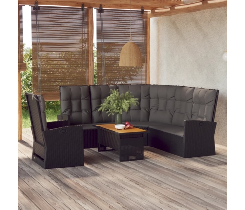 Set de muebles de jardín 3 pzas y cojines ratán sintético negro