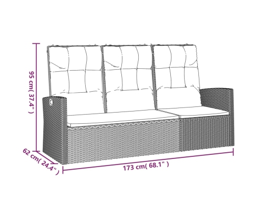 Banco jardín reclinable y cojines ratán sintético negro 173 cm