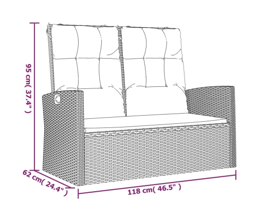 Banco jardín reclinable y cojines ratán sintético negro 118 cm