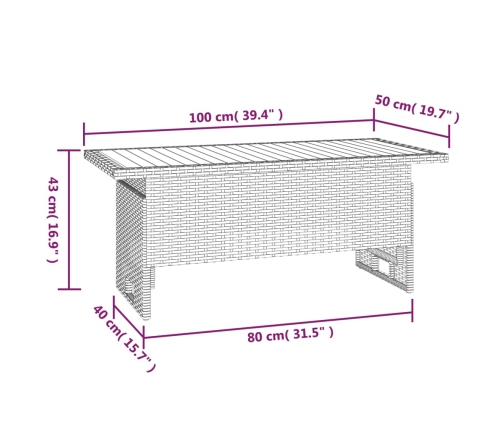 vidaXL Mesa de jardín madera maciza acacia y ratán gris 100x50x43/63cm