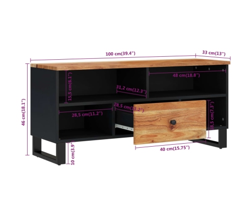 Mueble de TV madera acacia y madera contrachapada 100x33x46 cm