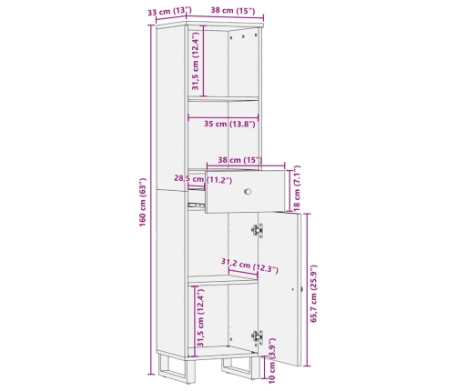 Mueble de baño madera maciza reciclada 38x33x160 cm