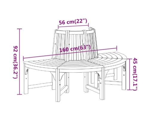 Banco de árbol semicircular madera maciza eucalipto Ø160 cm