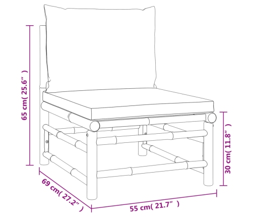 Set de muebles de jardín 2 piezas bambú y cojines gris claro