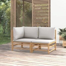 Set de muebles de jardín 2 piezas bambú y cojines gris claro