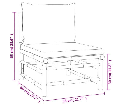 Set de muebles de jardín 3 piezas bambú y cojines gris taupe