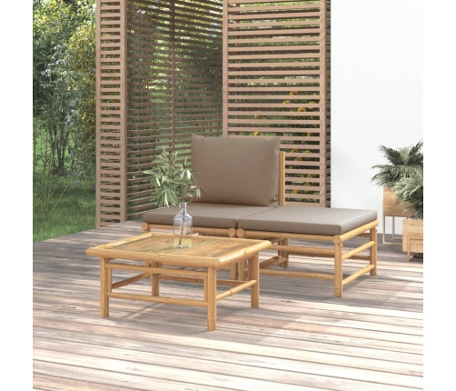 Set de muebles de jardín 3 piezas bambú y cojines gris taupe