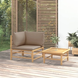 Set de muebles de jardín 2 piezas bambú y cojines gris taupe