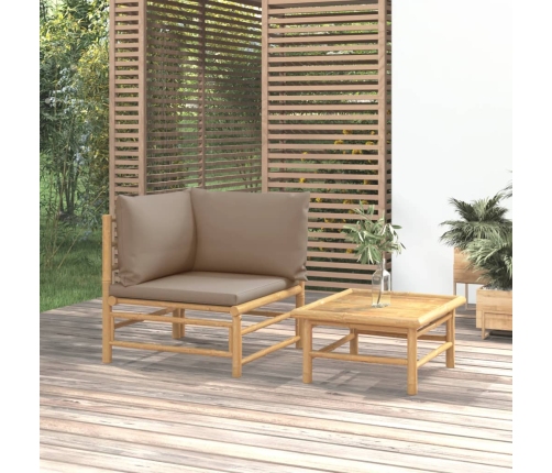 Set de muebles de jardín 2 piezas bambú y cojines gris taupe