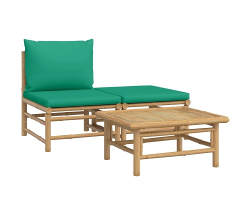 Set de muebles de jardín 3 piezas bambú con cojines verde