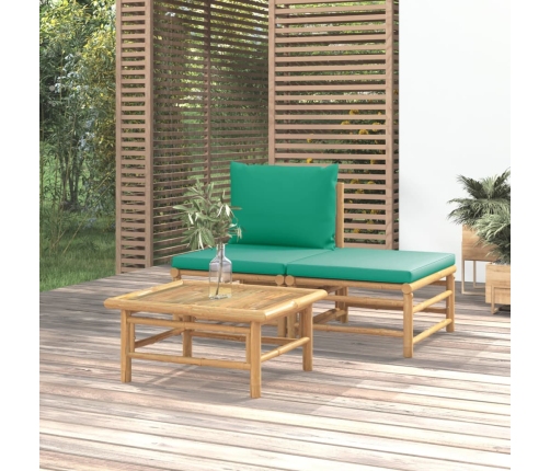 Set de muebles de jardín 3 piezas bambú con cojines verde