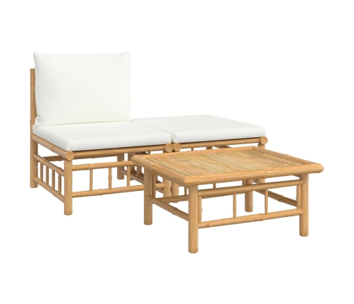 Set de muebles de jardín 3 piezas bambú y cojines blanco crema