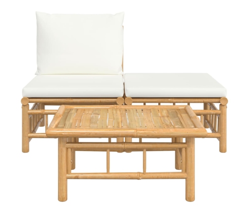 Set de muebles de jardín 3 piezas bambú y cojines blanco crema