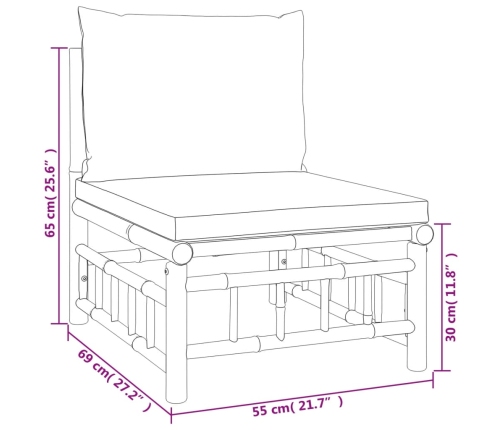 Set de muebles de jardín 3 piezas bambú y cojines blanco crema