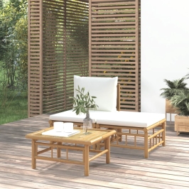 Set de muebles de jardín 3 piezas bambú y cojines blanco crema