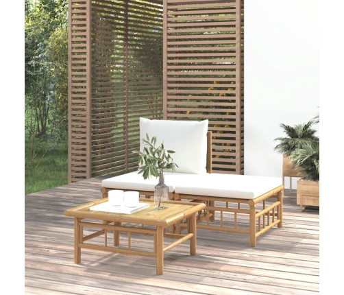 Set de muebles de jardín 3 piezas bambú y cojines blanco crema