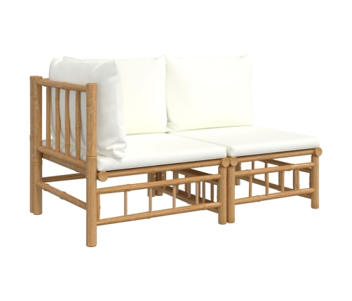 Set de muebles de jardín 2 piezas bambú y cojines blanco crema