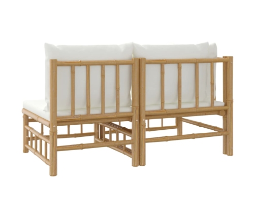 Set de muebles de jardín 2 piezas bambú y cojines blanco crema