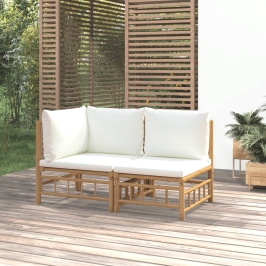 Set de muebles de jardín 2 piezas bambú y cojines blanco crema