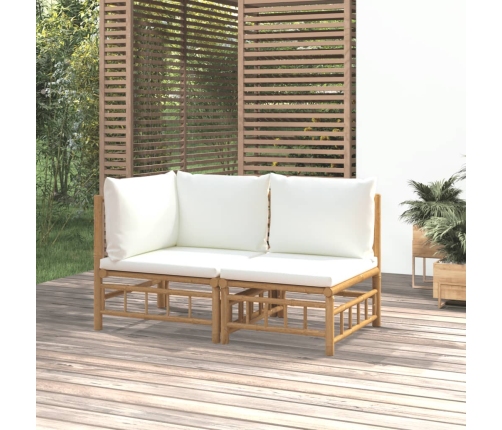 Set de muebles de jardín 2 piezas bambú y cojines blanco crema